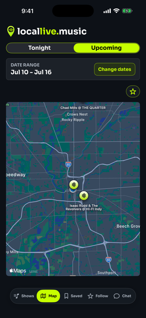 locallive.music map showing nearby live music